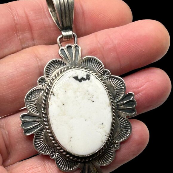 Huge Daniel Mike White Buffalo Navajo Turquoise Sterling Pendant - Picture 4 of 6